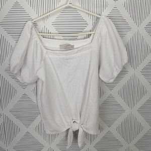 Beautiful - LOFT White Textured Blouse with Tie Front and Puff Sleeves! Petite